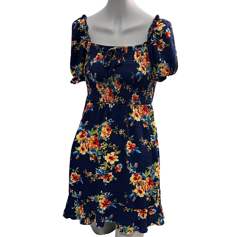 B.O.G. Collective Navy‎ Floral Smocked Square Neck Puff Sleeve Mini Dress XS